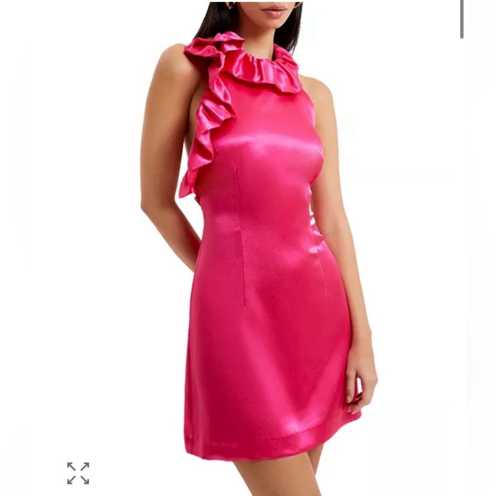 French Connection Adora Satin Mini Dress Pink Ruffle Halter Barbiecore Party